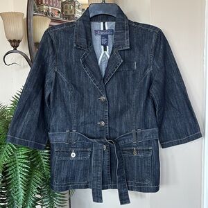 Baccini Blue Denim Belted Jean Jacket Button Up Notched Collar 3/4 Sleeve Casual